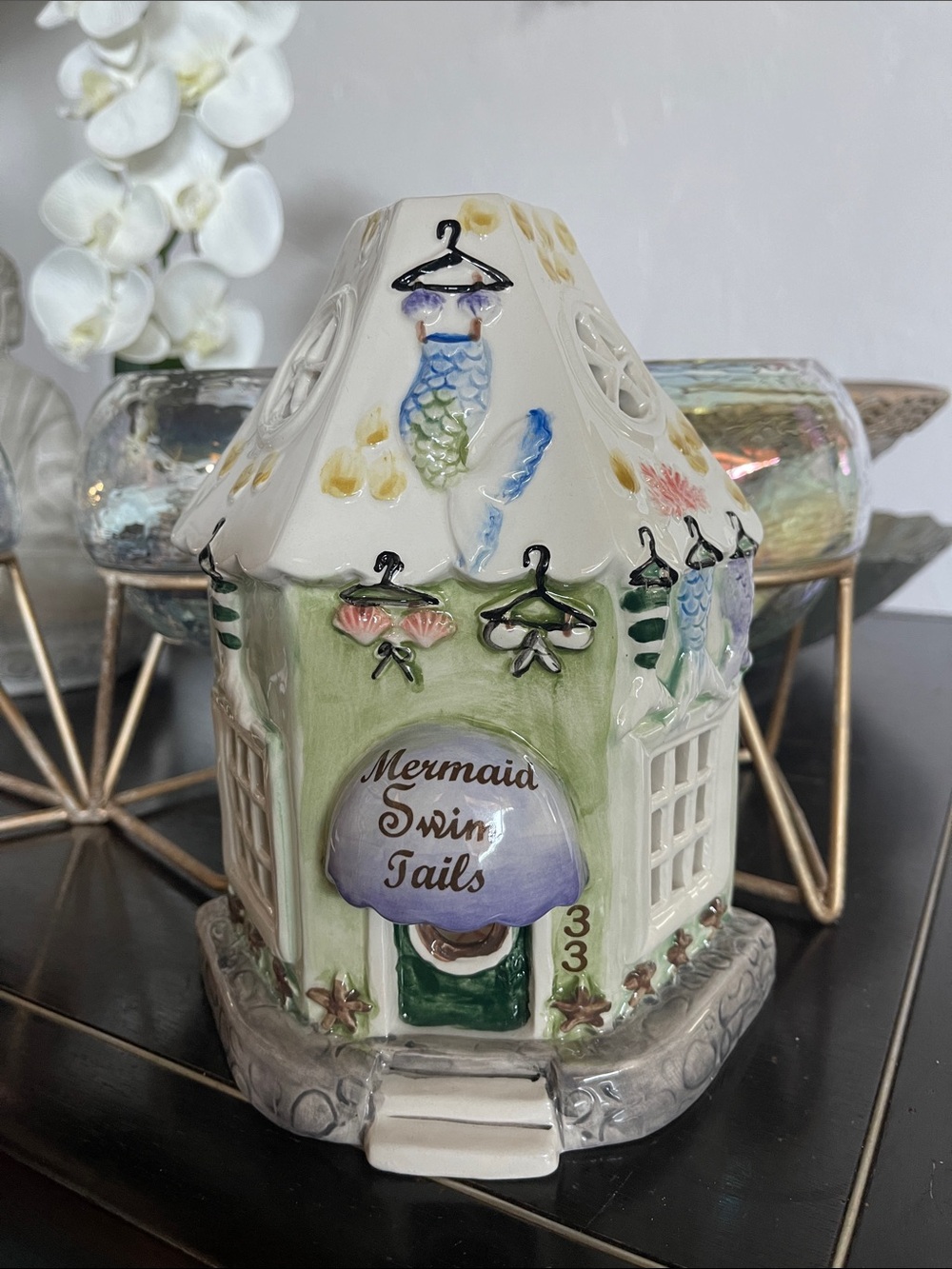 Mermaid Swim Tails Decorative Porcelain House - Pastel Green  Tea Light Lamp